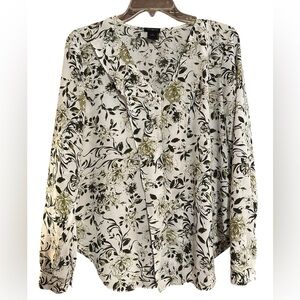 Ann Taylor White and Olive Floral Blouse